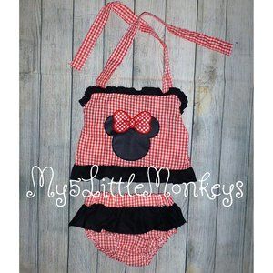 Boutique Minnie Mouse Seersucker Ruffle Bikini Swimsuit Sunsuit Outfit Size 4T